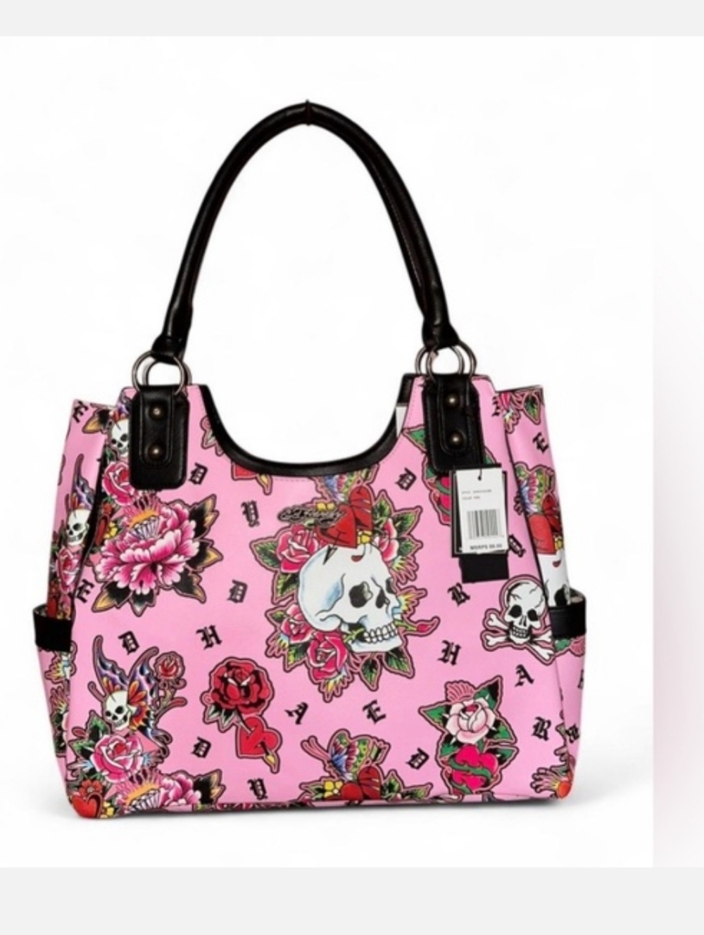 Ed Hardy Pink Tote with Skull and Floral Design